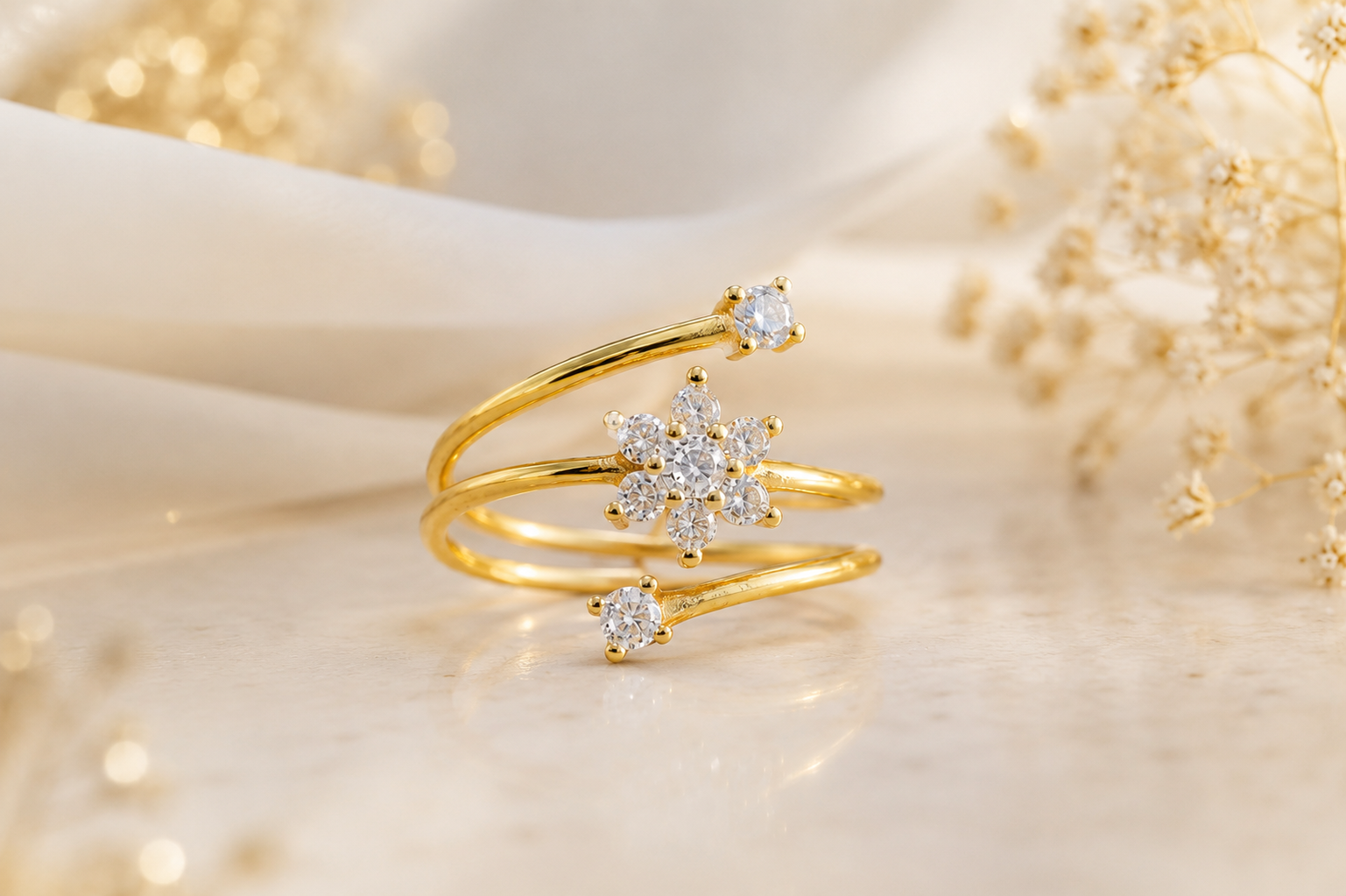 Golden Flower Zircon Diamond Ring | Adjustable Floral Ring for Women