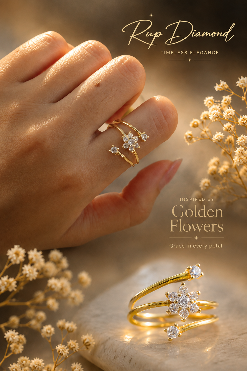 Golden Flower Zircon Diamond Ring | Adjustable Floral Ring for Women