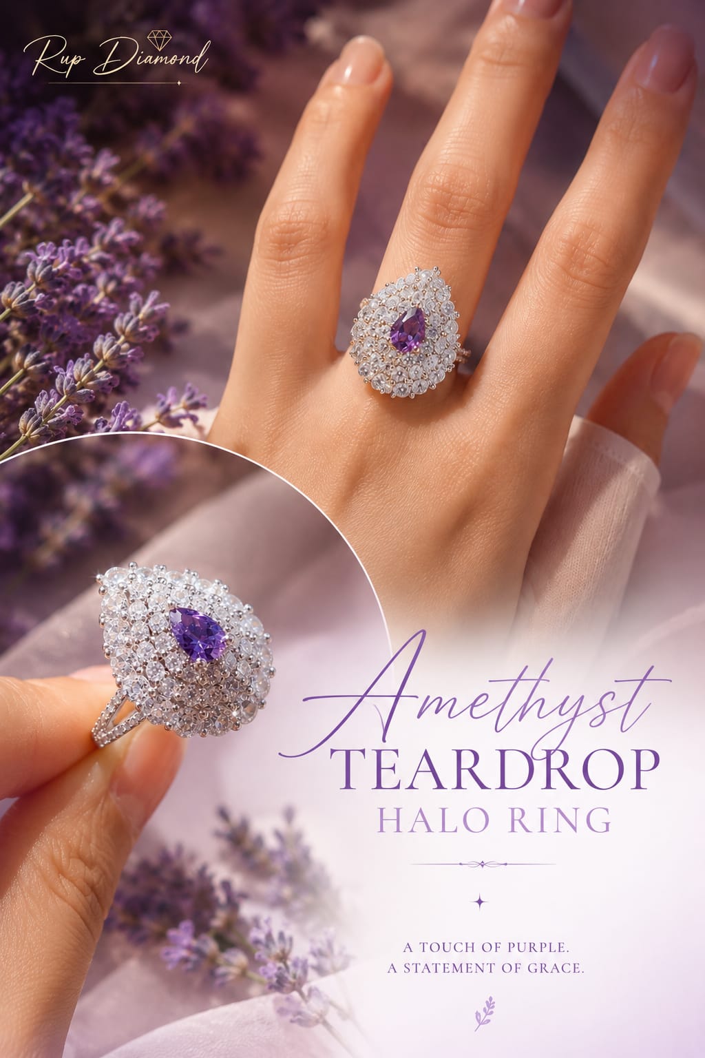 Amethyst Teardrop Halo Ring | Adjustable Purple Zircon Ring – Rup Diamond
