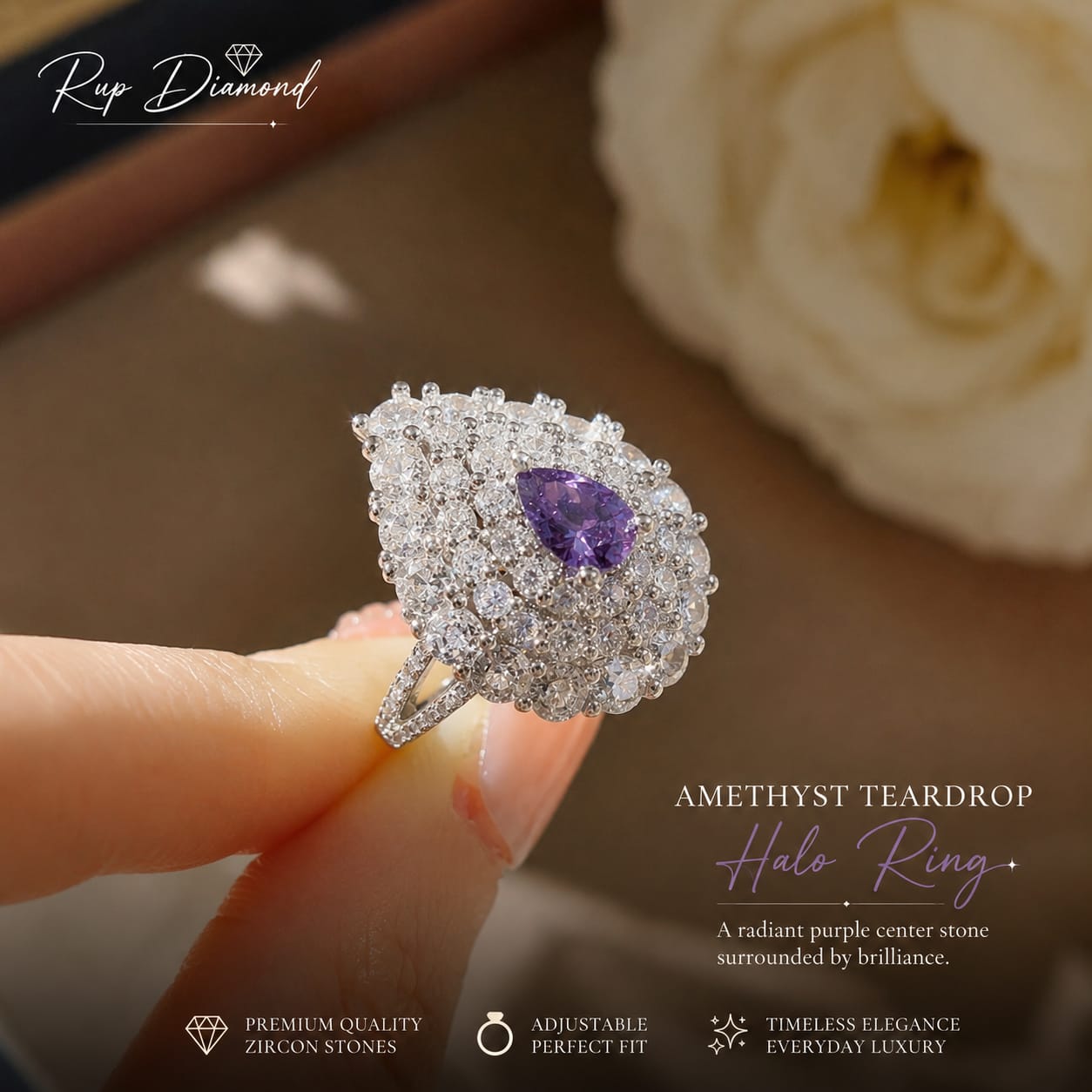Amethyst Teardrop Halo Ring | Adjustable Purple Zircon Ring – Rup Diamond