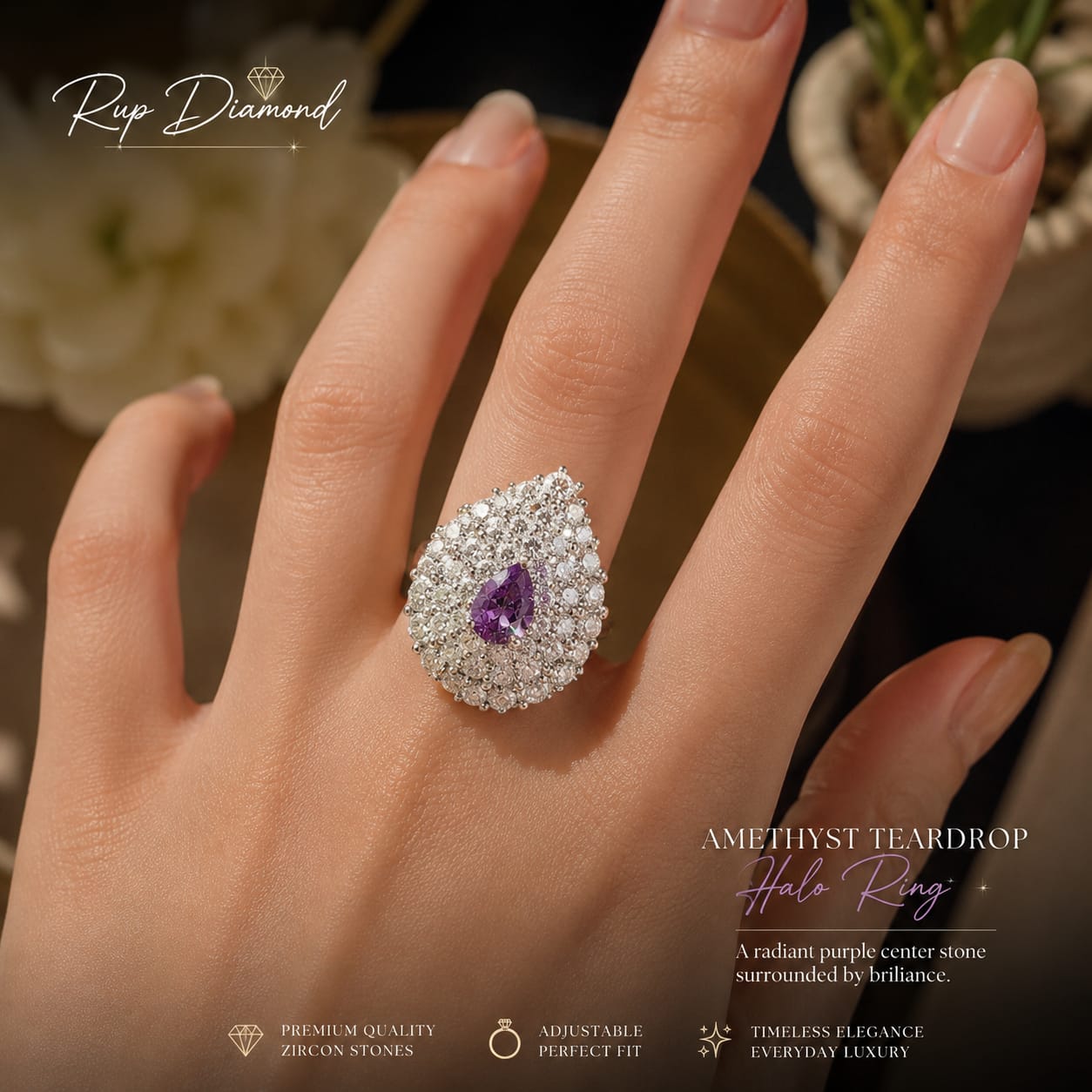 Amethyst Teardrop Halo Ring | Adjustable Purple Zircon Ring – Rup Diamond