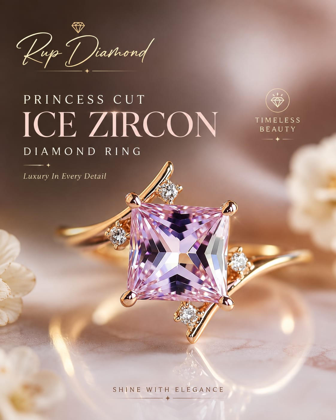 Princess Cut Pink Ice Zircon Diamond Ring for Women | Rose Gold Adjustable Ring | Luxury Zircon Ring | Rup Diamond