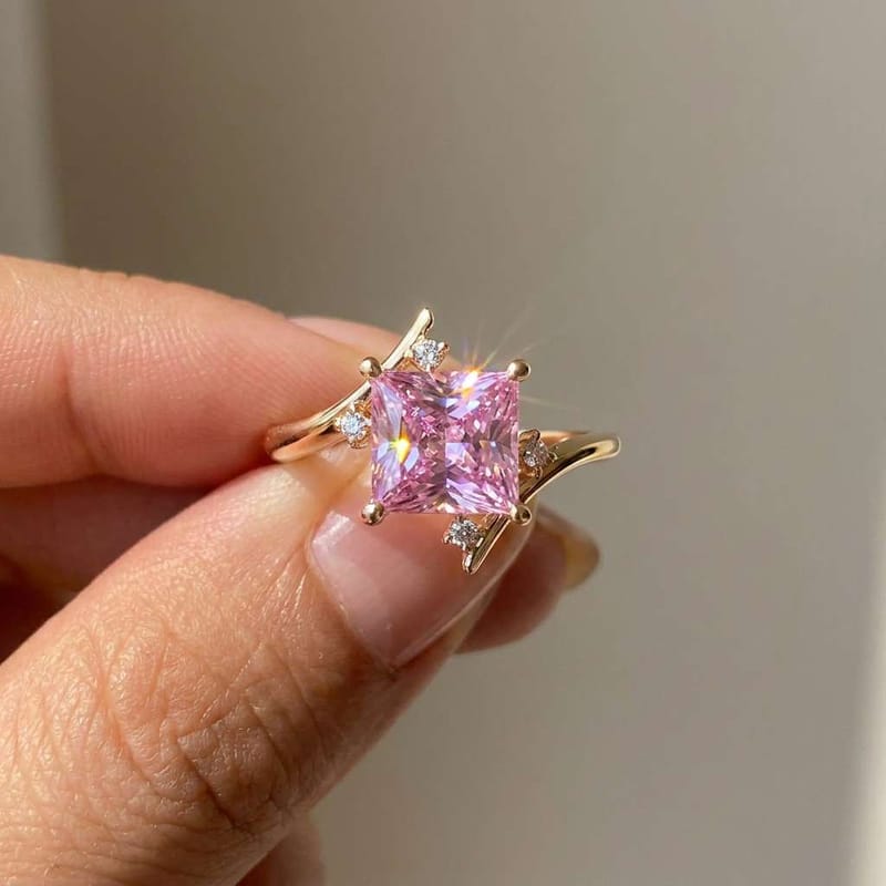 Princess Cut Pink Ice Zircon Diamond Ring for Women | Rose Gold Adjustable Ring | Luxury Zircon Ring | Rup Diamond