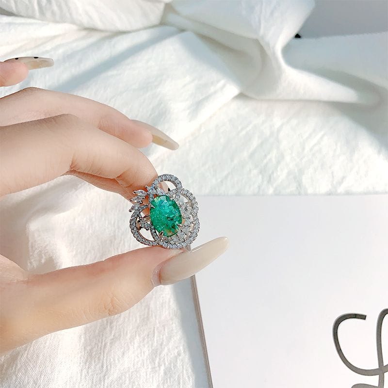 Aurelia Seafoam Zircon Oval Halo Ring | Green Floral Statement Ring for Women - Rup diamond