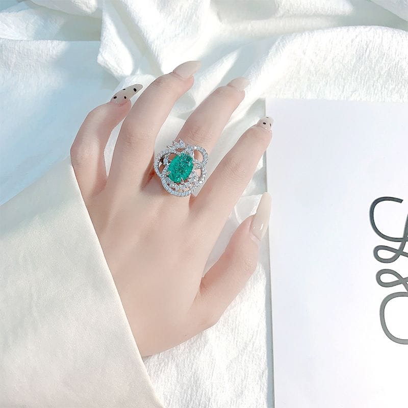 Aurelia Seafoam Zircon Oval Halo Ring | Green Floral Statement Ring for Women - Rup diamond