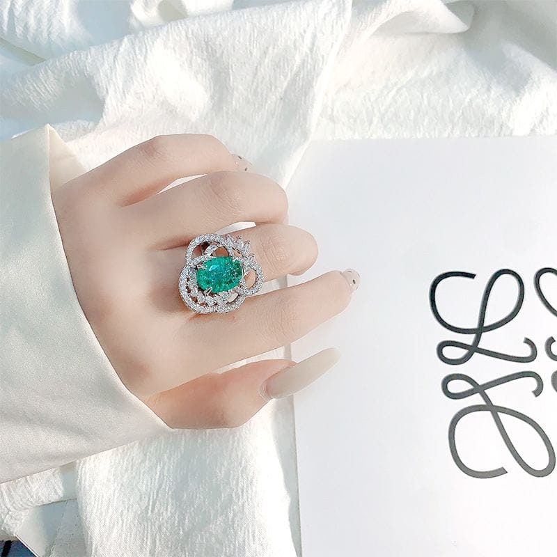 Aurelia Seafoam Zircon Oval Halo Ring | Green Floral Statement Ring for Women - Rup diamond