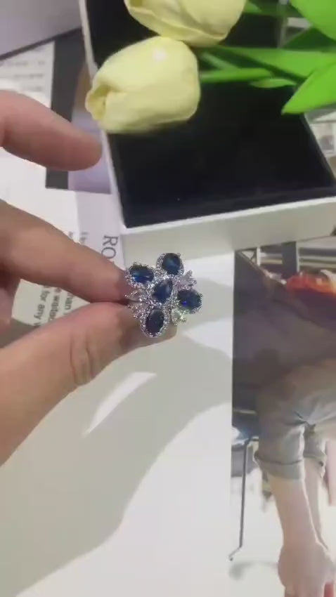 Royal Azure Bloom Zircon Ring – Adjustable Blue Stone Ring for Women