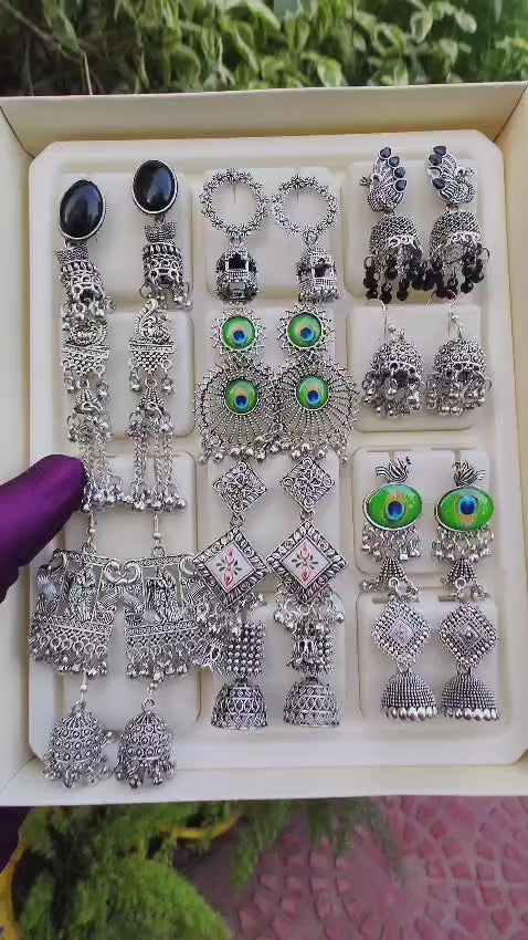 Navratri Oxidised Earrings Set – 12-Piece Traditional Jhumka & Statement Earrings | RUPDIAMOND