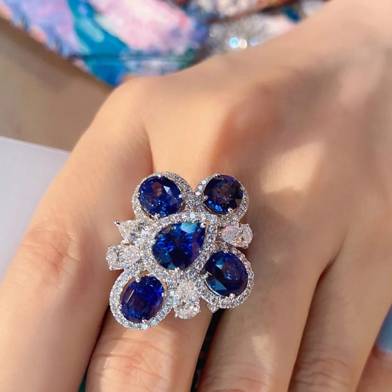 Royal Azure Bloom Zircon Ring – Adjustable Blue Stone Ring for Women