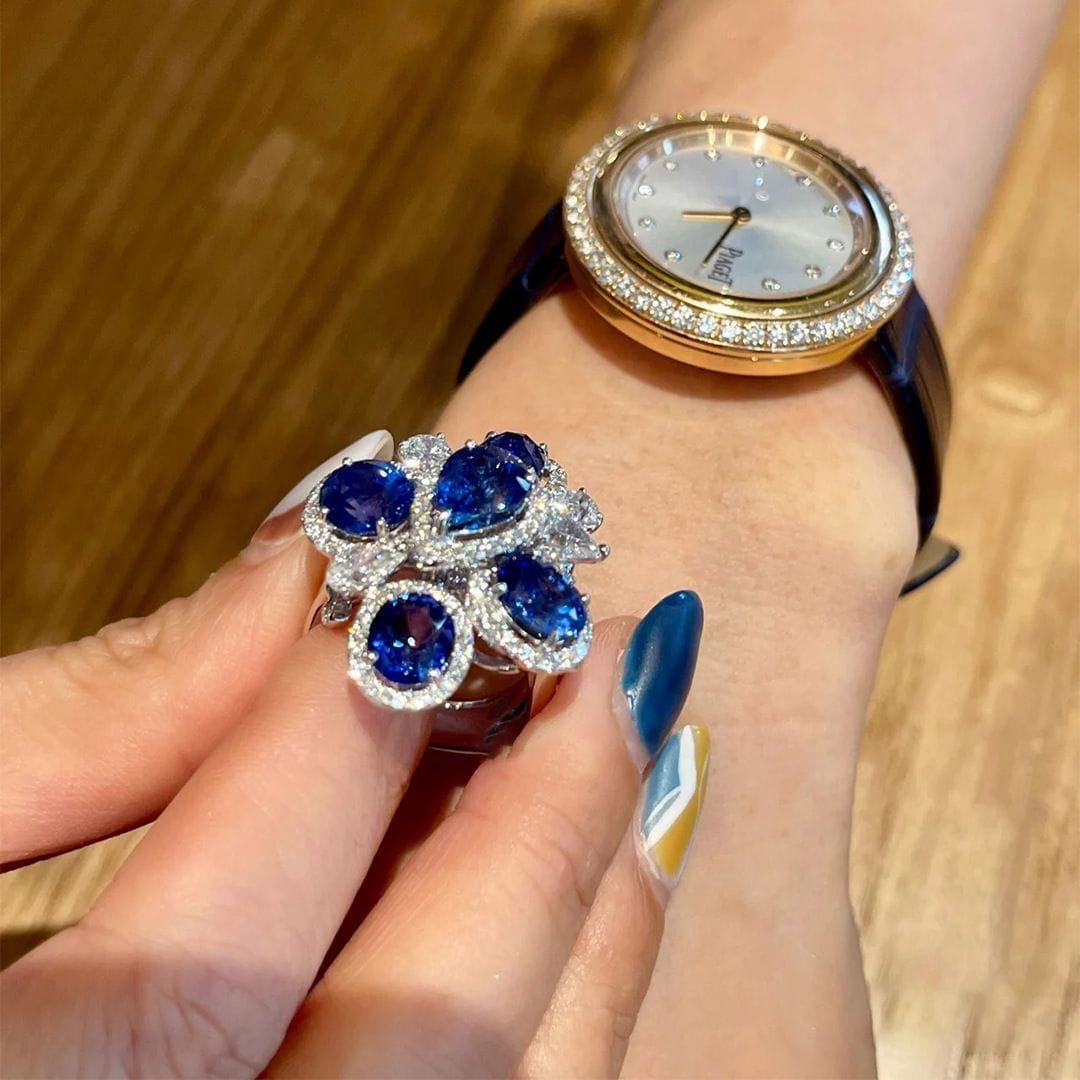 Royal Azure Bloom Zircon Ring – Adjustable Blue Stone Ring for Women