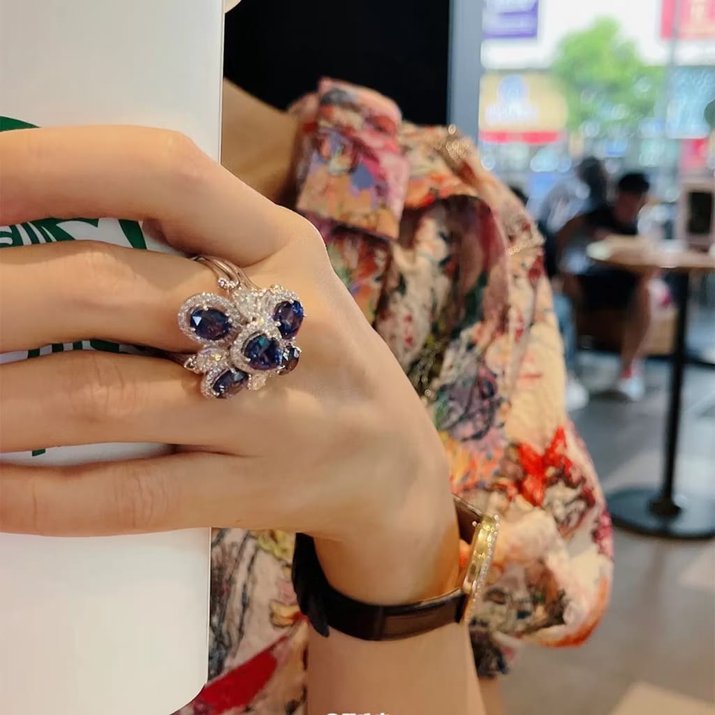 Royal Azure Bloom Zircon Ring – Adjustable Blue Stone Ring for Women