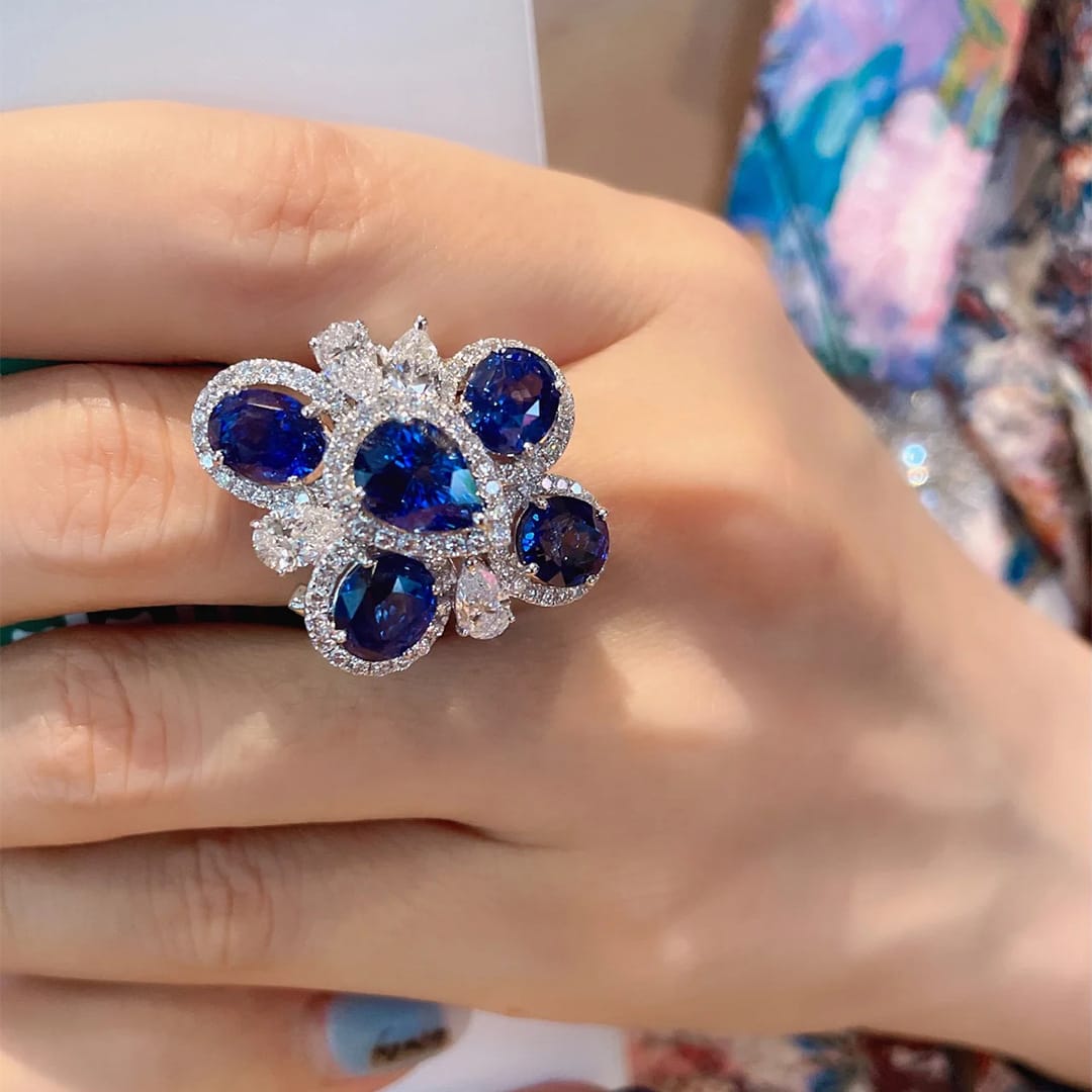 Royal Azure Bloom Zircon Ring – Adjustable Blue Stone Ring for Women