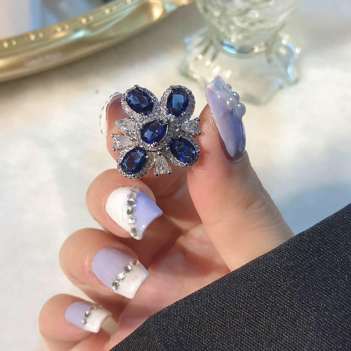 Royal Azure Bloom Zircon Ring – Adjustable Blue Stone Ring for Women