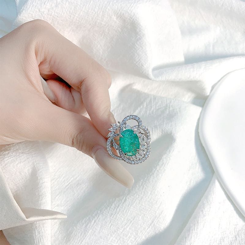 Aurelia Seafoam Zircon Oval Halo Ring | Green Floral Statement Ring for Women - Rup diamond